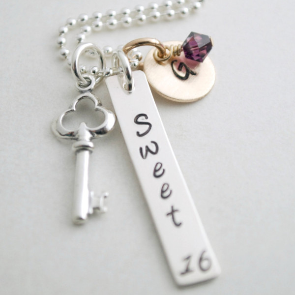 Personalized Sweet 16 Necklace with Gold Initial Charm and Birthstone ...