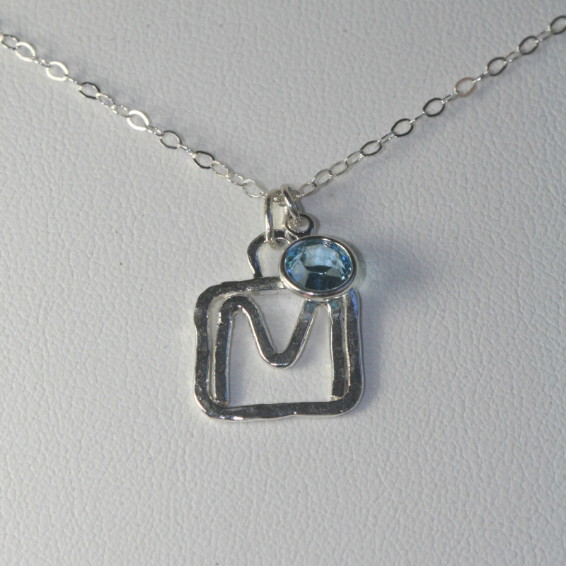 Silver Initial Necklace, Letter M Pendant, Birthstone Charm, Custom