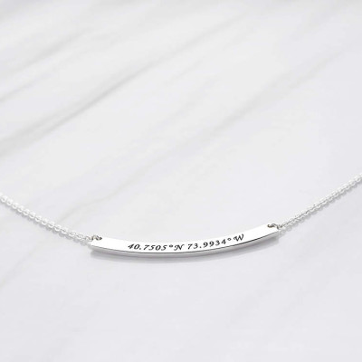 Curved bar coordinates necklace • Silver latitude longitude necklace • Going away gifts for co-workers • Farewell gifts for boss