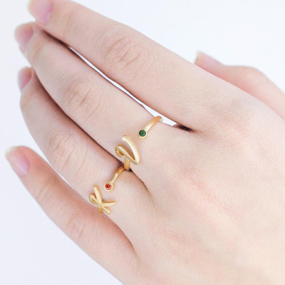 Gold Initial Ring • Personalized Initial Birthstone Ring • Dainty Initial Jewelry • Birthstone Ring with Custom Initials