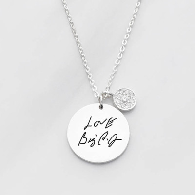 Handwritten Necklace with Button Charm • Custom Handwriting Necklace • Handwritten Jewelry • Signature Disc Necklace