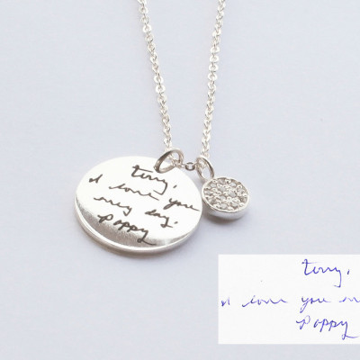 Memorial Gift with Engraved Handwriting • Handwritten Necklace with Button Charm• Signature Handwriting Necklace