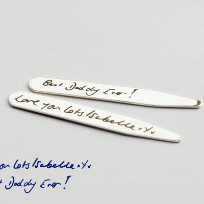 Pair of Engraved Collar Stays with Personalized Handwriting - Pair of Men's Collar Stays in Silver - Groommen's Gifts