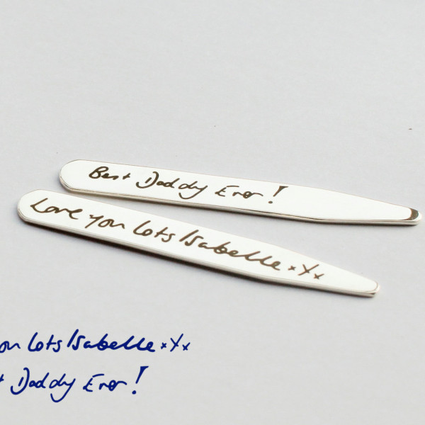 Pair of Engraved Collar Stays with Personalized Handwriting - Pair of Men's Collar Stays in Silver - Groommen's Gifts