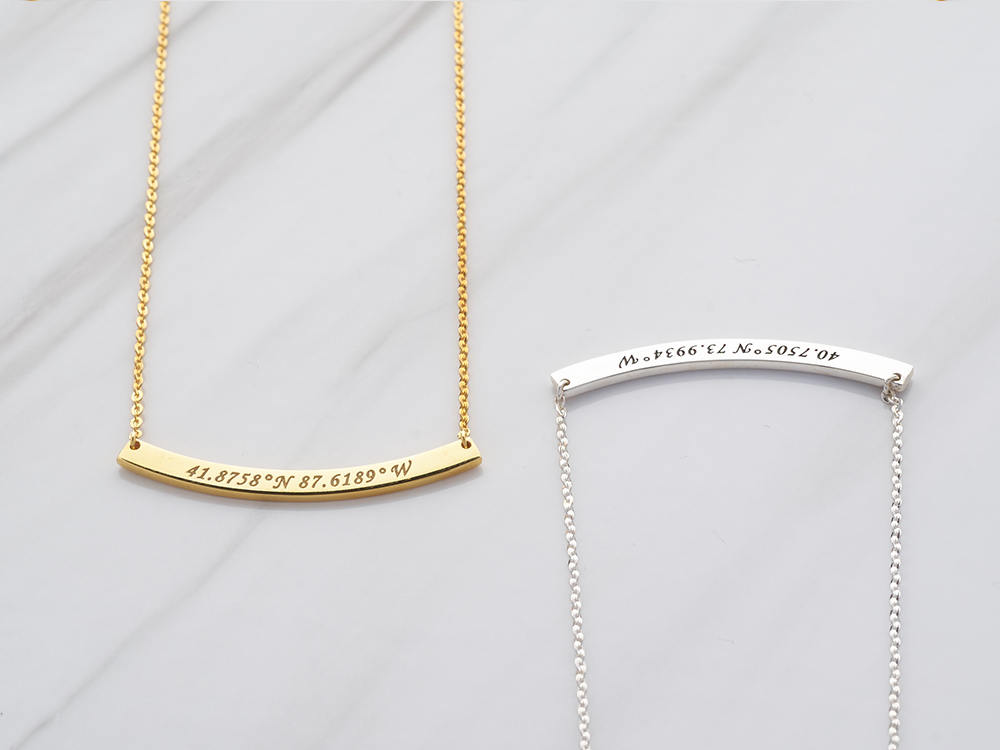 Curved bar coordinates necklace • Silver latitude longitude necklace