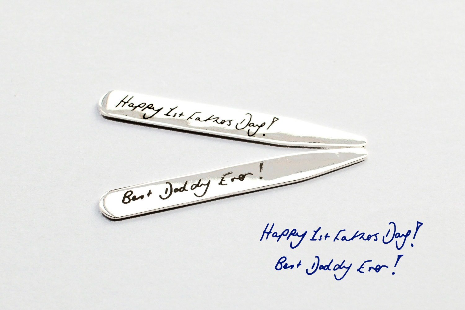 Pair of Engraved Collar Stays with Personalized Handwriting Pair of