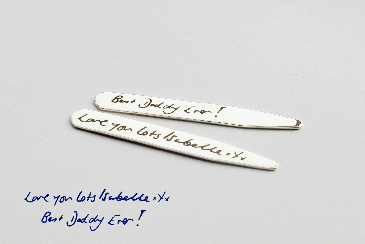 Pair of Engraved Collar Stays with Personalized Handwriting Pair of