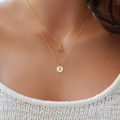 Initial and Birthstone Necklace • Personalized Monogram Gift for Mom Women Girlfriend Sister • Layered Monogram Disc