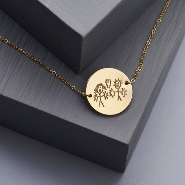 Actual Handwriting Disc Necklace - Personalised Necklace - Disc Necklace - Child's Drawing Necklace - Gold Plated NDH02