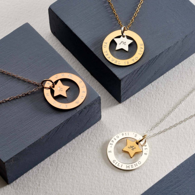 Personalised Star Halo Necklace - Large Circle Necklace 25mm - Personalised Necklace - Message Necklace - Anniversary Necklace