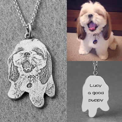 Your pet's actual portrait  engraved necklace Sterling silver or 18k Gold Plated