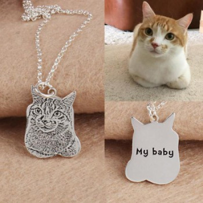 Your pet's actual portrait  engraved necklace Sterling silver or 18k Gold Plated