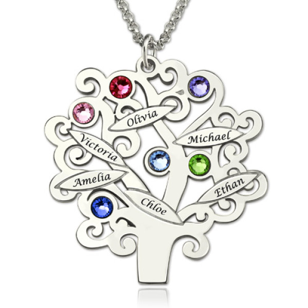 Engraved Family Tree Personalised Necklace with Birthstones Sterling Silver  - AMAZINGNECKLACE.COM