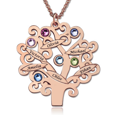 Engraved Family Tree Personalised Necklace with Birthstones Sterling Silver  - AMAZINGNECKLACE.COM