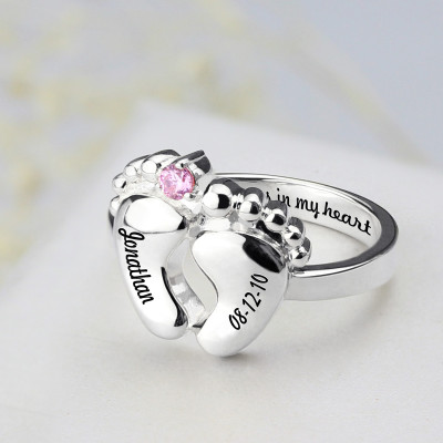 Engraved Baby Feet Personalised Ring with Birthstone Sterling Silver  - AMAZINGNECKLACE.COM