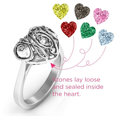 Cursive Mom Caged Hearts Personalised Ring with Ski Tip Band - AMAZINGNECKLACE.COM