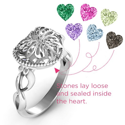 Sterling Silver Butterfly Caged Hearts Personalised Ring with Infinity Band - AMAZINGNECKLACE.COM