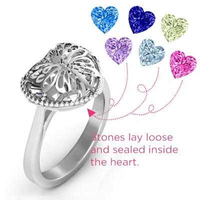 Butterfly Caged Hearts Personalised Ring with Ski Tip Band - AMAZINGNECKLACE.COM