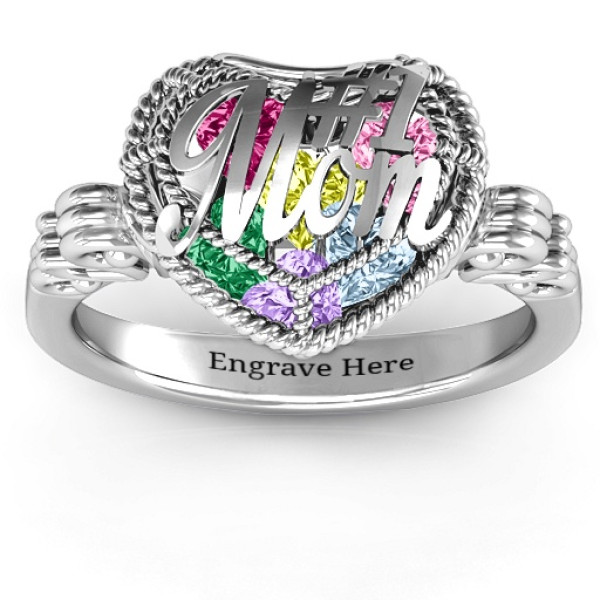 #1 Mom Caged Hearts Personalised Ring with Butterfly Wings Band - AMAZINGNECKLACE.COM