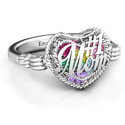 #1 Mom Caged Hearts Personalised Ring with Butterfly Wings Band - AMAZINGNECKLACE.COM
