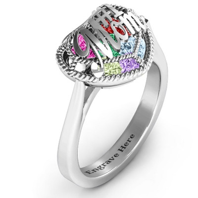 #1 Mom Caged Hearts Personalised Ring with Ski Tip Band - AMAZINGNECKLACE.COM