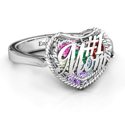 #1 Mom Caged Hearts Personalised Ring with Ski Tip Band - AMAZINGNECKLACE.COM