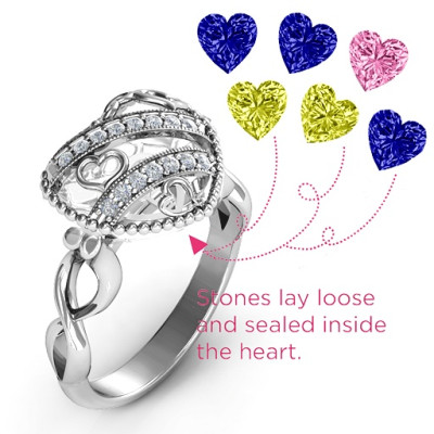 Sparkling Diamond Hearts Caged Hearts Personalised Ring with Infinity Band - AMAZINGNECKLACE.COM