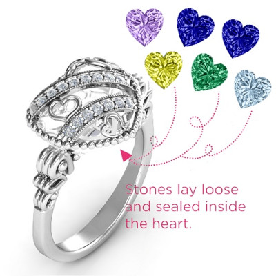 Sparkling Diamond Hearts Caged Hearts Personalised Ring with Butterfly Wings Band - AMAZINGNECKLACE.COM