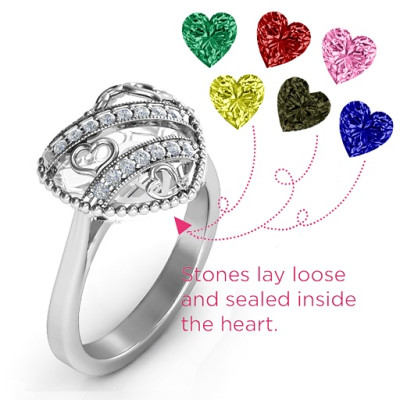 Sparkling Hearts Caged Hearts Personalised Ring with Ski Tip Band - AMAZINGNECKLACE.COM