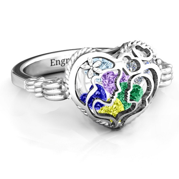 Mother and Child Caged Hearts Personalised Ring with Butterfly Wings Band - AMAZINGNECKLACE.COM