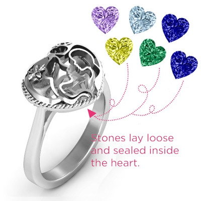 Mother and Child Caged Hearts Personalised Ring with Ski Tip Band - AMAZINGNECKLACE.COM
