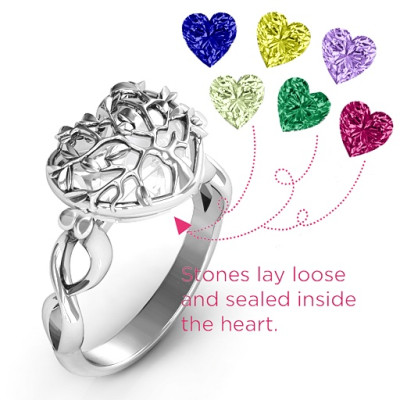 Family Tree Caged Hearts Personalised Ring with Infinity Band - AMAZINGNECKLACE.COM