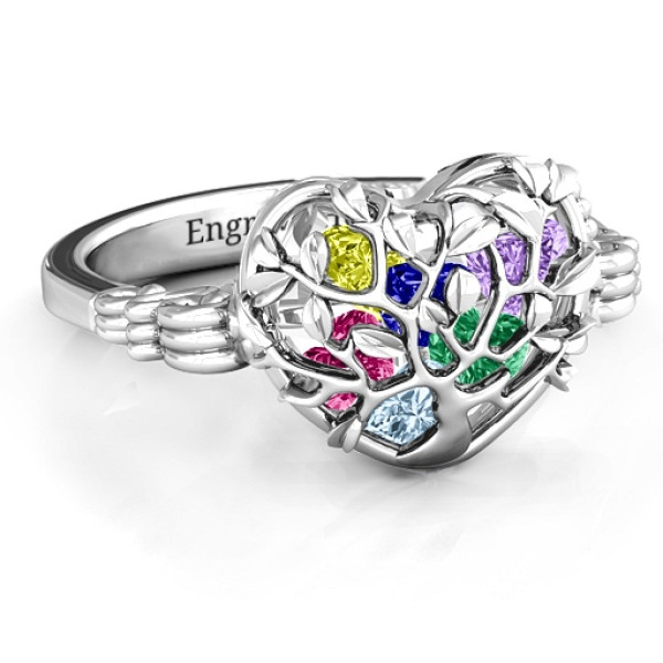 Family Tree Caged Hearts Personalised Ring with Butterfly Wings Band - AMAZINGNECKLACE.COM