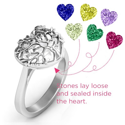 Family Tree Caged Hearts Personalised Ring with Ski Tip Band - AMAZINGNECKLACE.COM