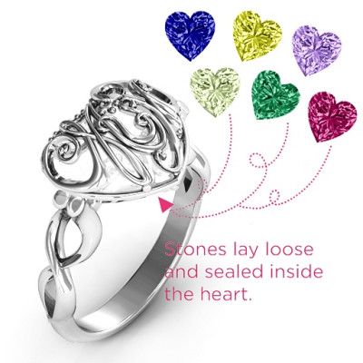 Cursive Mom Caged Hearts Personalised Ring with Infinity Band - AMAZINGNECKLACE.COM
