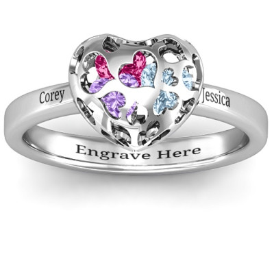 Heart Cut-out Petite Caged Hearts Personalised Ring with Classic with Engravings Band - AMAZINGNECKLACE.COM
