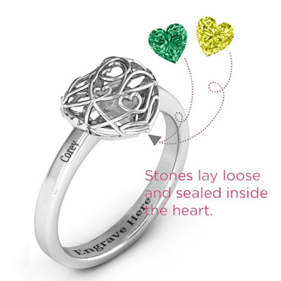 Encased in Love Petite Caged Hearts Personalised Ring with Classic with Engravings Band - AMAZINGNECKLACE.COM