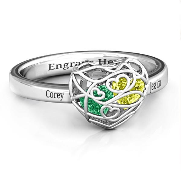 Encased in Love Petite Caged Hearts Personalised Ring with Classic with Engravings Band - AMAZINGNECKLACE.COM