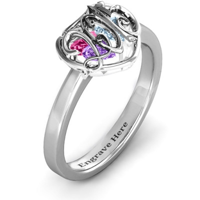 2015 Petite Caged Hearts Personalised Ring with Classic Band - AMAZINGNECKLACE.COM