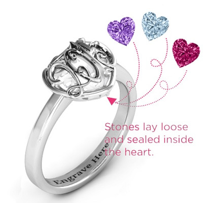 2015 Petite Caged Hearts Personalised Ring with Classic with Engravings Band - AMAZINGNECKLACE.COM