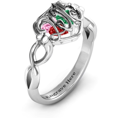 2015 Petite Caged Hearts Personalised Ring with Infinity Band - AMAZINGNECKLACE.COM