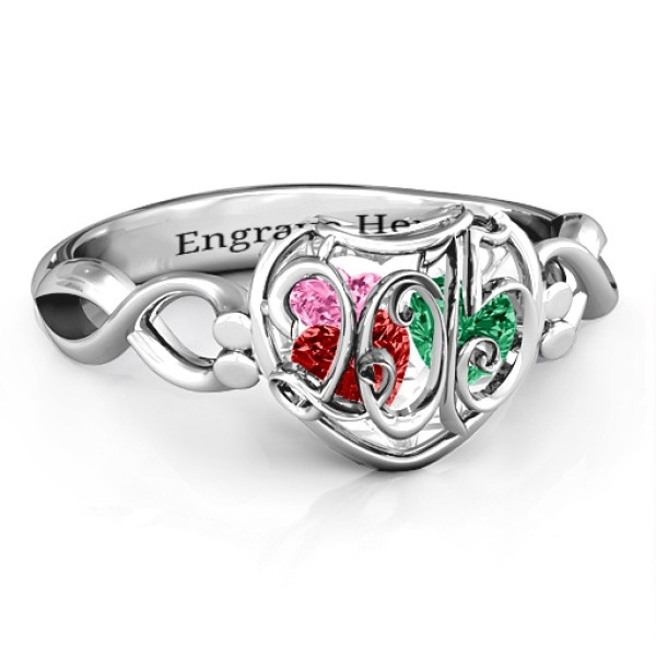 2015 Petite Caged Hearts Personalised Ring with Infinity Band - AMAZINGNECKLACE.COM