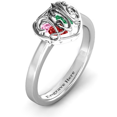 2016 Petite Caged Hearts Personalised Ring with Classic with Engravings Band - AMAZINGNECKLACE.COM