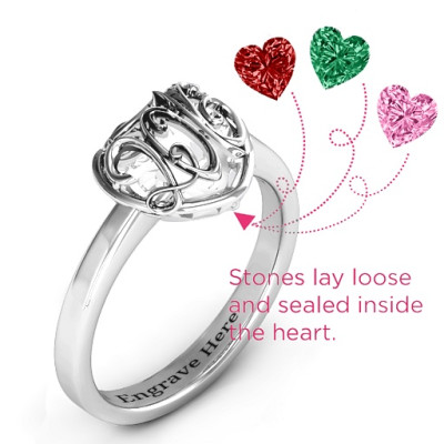 2016 Petite Caged Hearts Personalised Ring with Classic Band - AMAZINGNECKLACE.COM