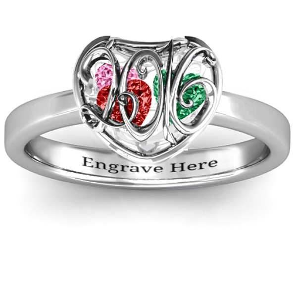 2016 Petite Caged Hearts Personalised Ring with Classic with Engravings Band - AMAZINGNECKLACE.COM