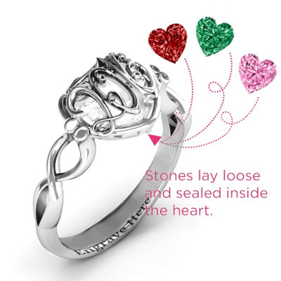 2016 Petite Caged Hearts Personalised Ring with Infinity Band - AMAZINGNECKLACE.COM