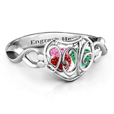2016 Petite Caged Hearts Personalised Ring with Infinity Band - AMAZINGNECKLACE.COM