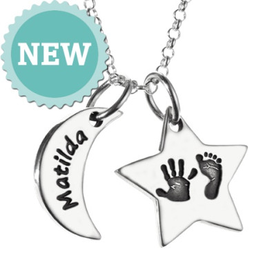 Moon & Star Hand & Foot Print Personalised Necklace - AMAZINGNECKLACE.COM