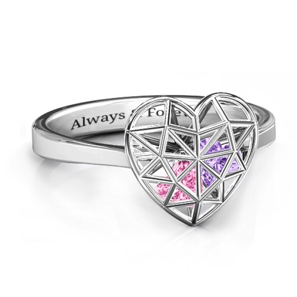 Diamond Heart Cage Personalised Ring With Encased Heart Stones  - AMAZINGNECKLACE.COM