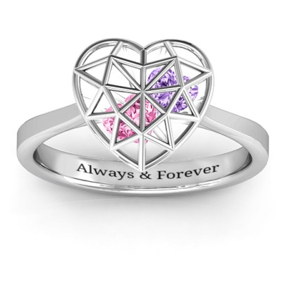 Diamond Heart Cage Personalised Ring With Encased Heart Stones  - AMAZINGNECKLACE.COM